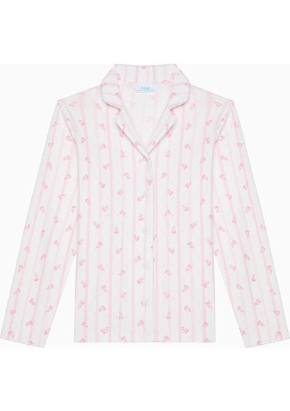 Uzun Kollu Kız Çocuk Roses Gömlek Kırık Beyaz Pamuklu Pijama Takımı