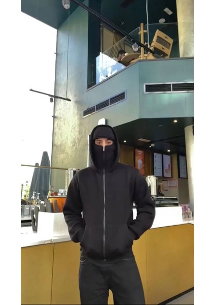 Samuray Zıp Fermuarlı Kapüşonlu Sweatshirt- Siyah modelleri