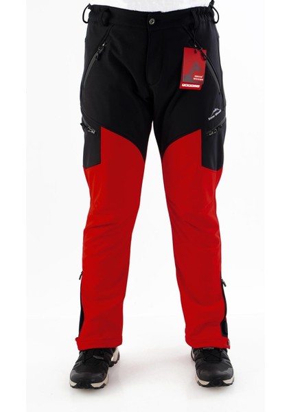 Erkek Kırmızı Siyah Su İtici Rüzgar Geçirmez Outdoor Kışlık Softshell Paça Fermuarsız Pantolon