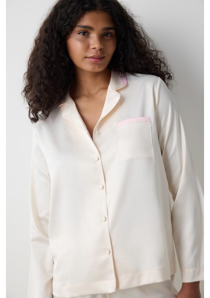 Saten Solid Gömlek Pantolon Krem Pijama Takımı - Loves Paris Koleksiyonu