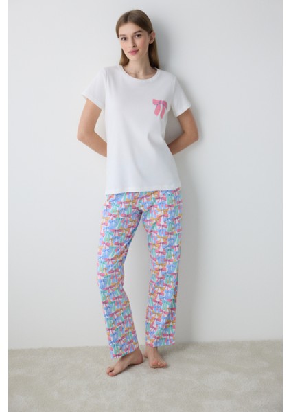 Pamuklu Colored Bows Pantolon Çok Renkli Pijama Takımı - Loves Paris Koleksiyonu