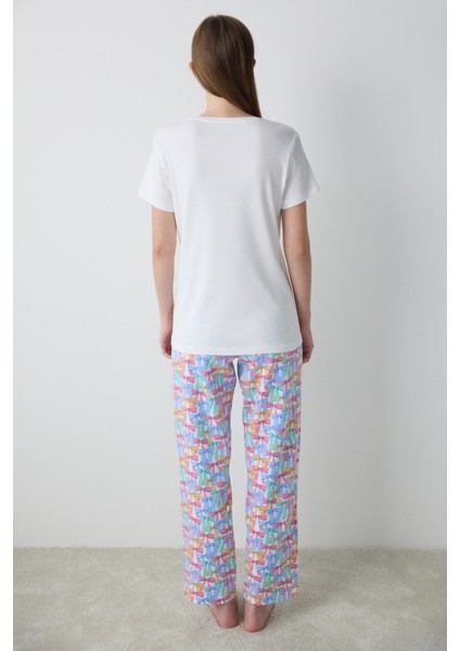 Pamuklu Colored Bows Pantolon Çok Renkli Pijama Takımı - Loves Paris Koleksiyonu