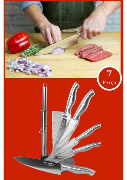 7 Parça Premium Paslanmaz Çelik Şef Bıçağı Seti Standlı (Şef,et,ekmek, Soyma Bıçağı,bileyici)