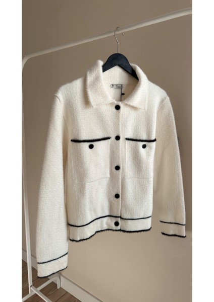 Kadın Polo Yaka Cepli Angora Beyaz Hırka modelleri