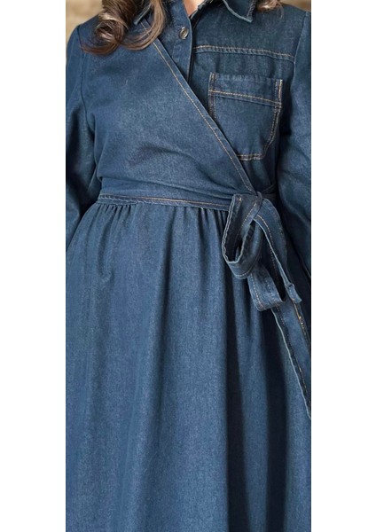 Premium Kalite Yandan Bağlamalı Denim Kot Elbise Tesettür Jean Elbise