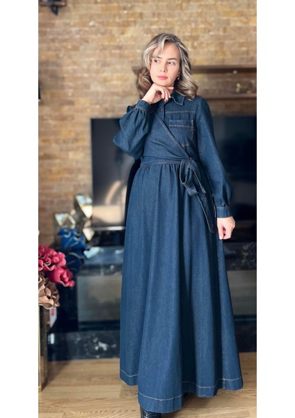Premium Kalite Yandan Bağlamalı Denim Kot Elbise Tesettür Jean Elbise