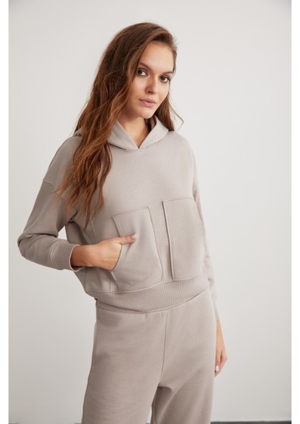 Alessı Kadın Kapüşonlu Çift Cepli 3 Iplik Vizon Sweatshirt