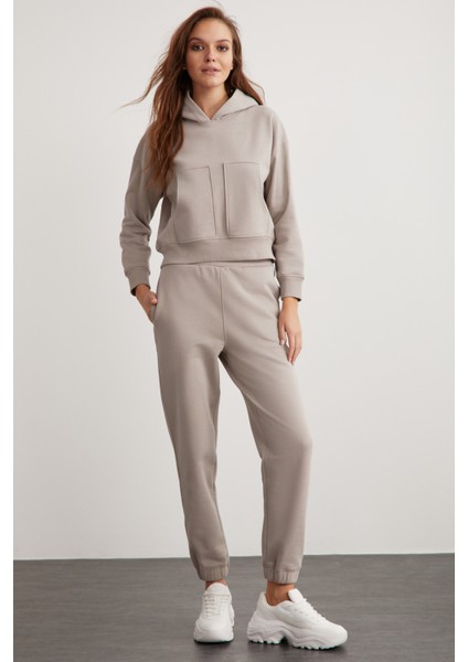 Alessı Kadın Kapüşonlu Çift Cepli 3 Iplik Vizon Sweatshirt modelleri