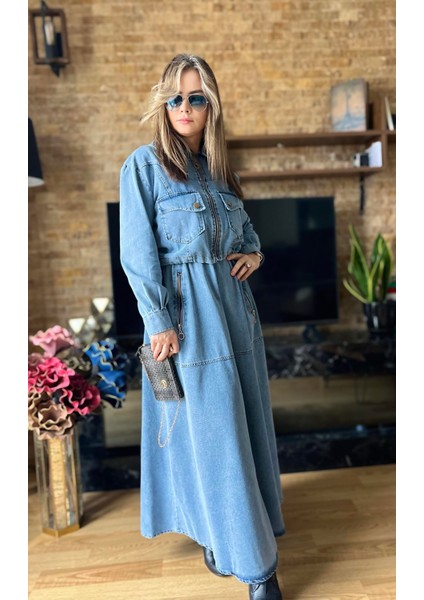 Premium Denim Kot Jile Elbise ve Ceket Ikili Takım Ikili Denim Ceket Elbise Takım indirimleri