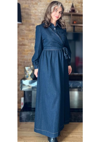 Premium Kalite Yandan Bağlamalı Denim Kot Elbise Tesettür Jean Elbise indirimleri