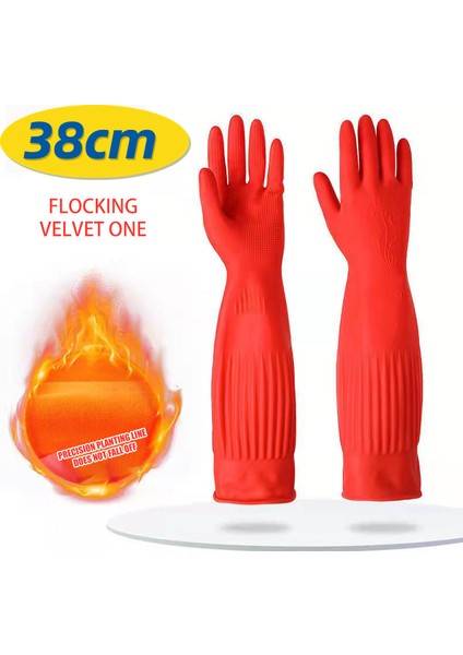38 cm Akın Tarzı M Boyutu 45 cm Kışlık Artı Kadife Sıcaklık Tümü Bir Arada Kadife Kauçuk Lateks Eldiven Su Geçirmez ve Ev Işleri Çamaşır Yıkama Eldiveni (Yurt Dışından)