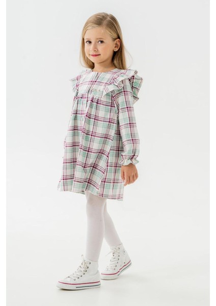 Ekose Düğmeli Fırfırlı Pamuk Elbise kız çocuk - Yeşil