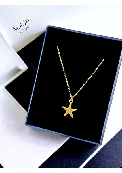 Deniz Yıldızı Gold Parlak Tasarım Unisex 925 Ayar Gümüş Kolye