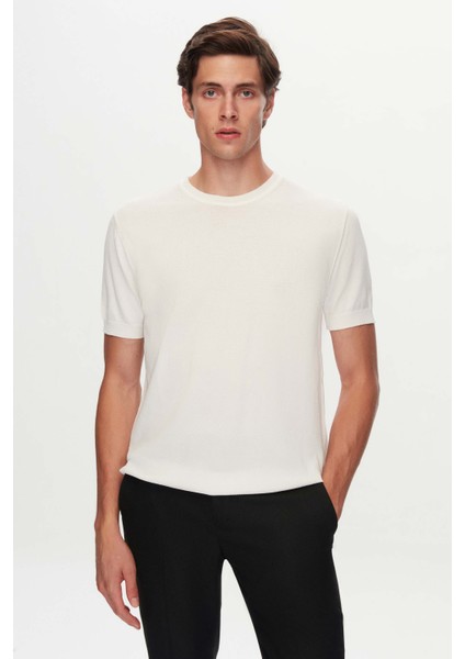 Slim Fit Ekru Düz Örgü Rayon Triko T-Shirt