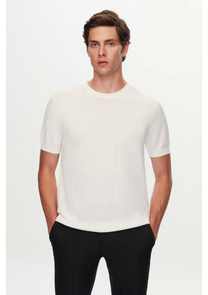 Slim Fit Ekru Düz Örgü Rayon Triko T-Shirt modelleri