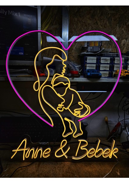Cizgineon Anne Bebek Işıklı Neon LED Duvar Dekarasyon