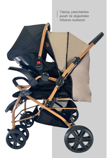 Pusetli Bebek Arabası Travel Çift Yönlü Tam Yatış Pozisyonlu Pratik Katlanır Mama Tablalı