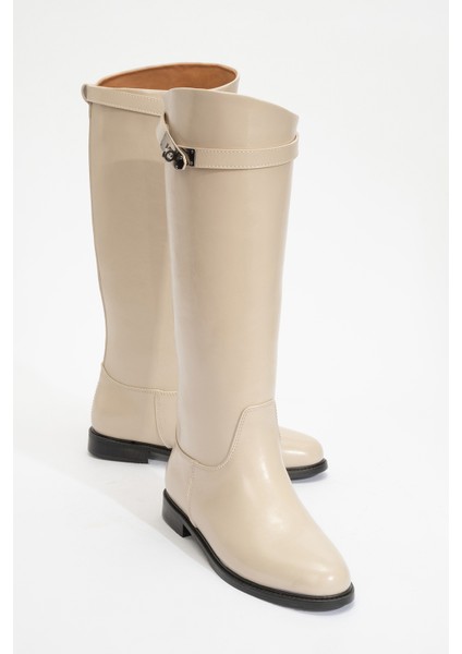 Yoko Bej Cilt Kadın Binici Çizme Düz Topuklu Klasik Tasarım Şık ve Konforlu