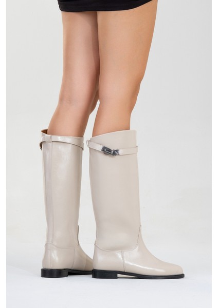 Yoko Bej Cilt Kadın Binici Çizme Düz Topuklu Klasik Tasarım Şık ve Konforlu