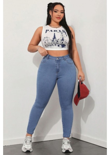 Kadın Yüksek Bel Skinny Fit Jeans Büyük Beden Kot PantolonC597