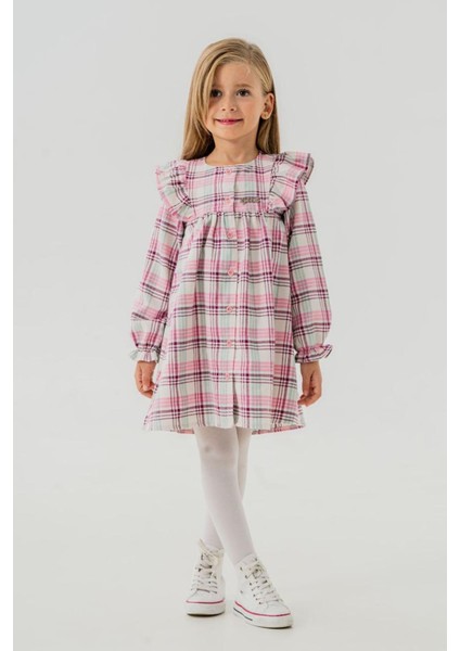 Ekose Düğmeli Fırfırlı Pamuk Elbise kız çocuk - Pembe