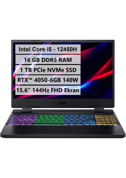 Nitro 5 AN515-58-524A Intel Core i5-12450H 16GB DDR5 RAM 1TB M.2 SSD RTX 4050-6GB-140W FreeDos NH.QLZEY.009-01