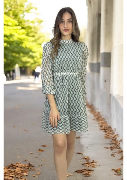 Etnik Desenli Belden Büzgülü Şifon Elbise