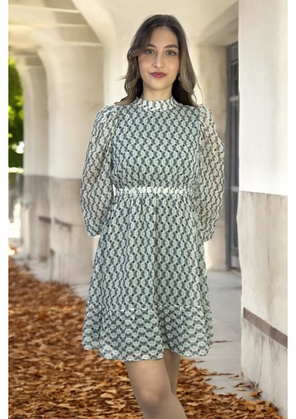 Etnik Desenli Belden Büzgülü Şifon Elbise modelleri