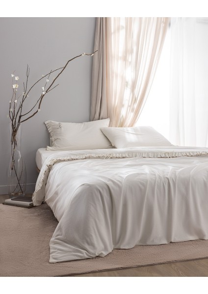 Perline King Size Pamuk Fırfırlı Nevresim Takımı - Ekru/bej