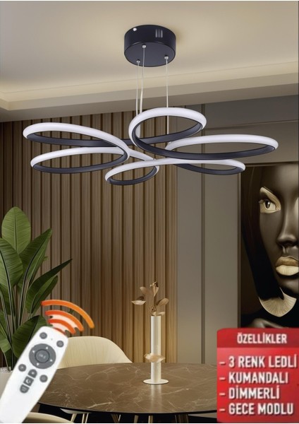 Papatya Siyah 3 Renk Ultra Ledli Sarkıtma Modern Avize