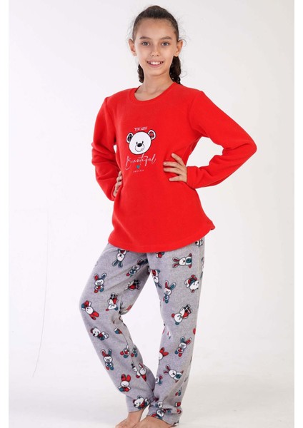 Kız Çocuk Uzun Kol Polar Kırmızı Pijama Takım C4T0N0O503
