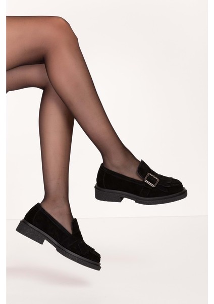 Deri Kalın Taban Makosen Loafer RG.7002 - Siyah Süet - 38