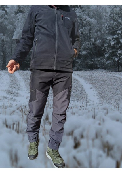 Erkek Siyah Antrasit Su İtici Rüzgar Geçirmez Outdoor Kışlık Softshell Paça Fermuarsız Pantolon