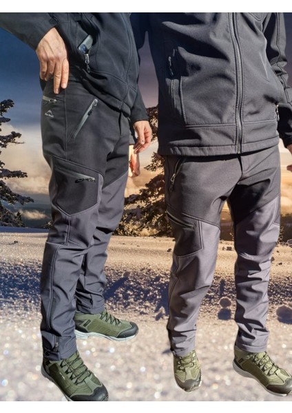 Erkek Siyah Antrasit Su İtici Rüzgar Geçirmez Outdoor Kışlık Softshell Paça Fermuarsız Pantolon