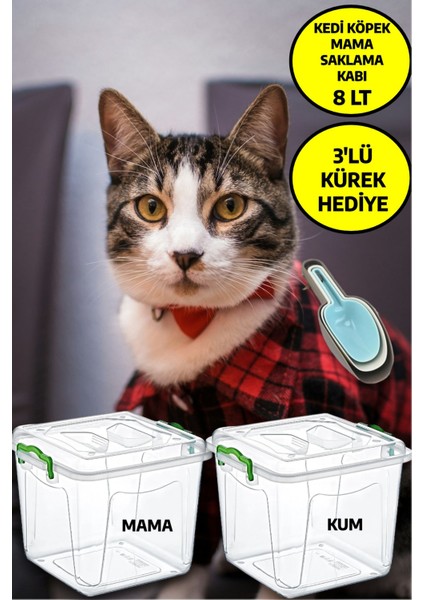 2 Adet 8 Litre 3'lü Kürek Kedi Köpek Kuru Mama Kum Saklama Kabı Kutusu Seti