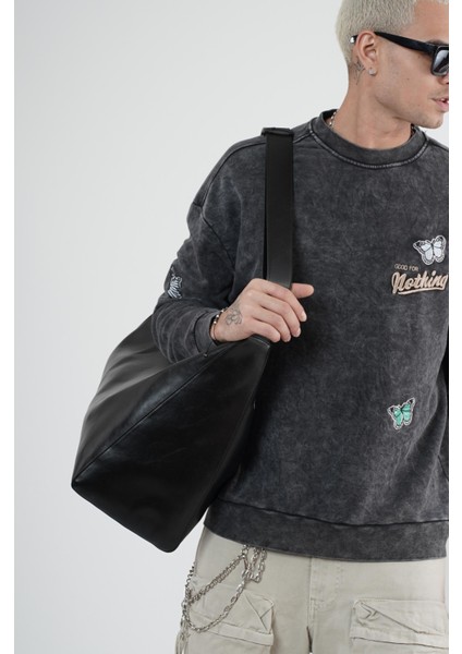 Bisiklet Yaka Yıkamalı Aplikeli Oversize Kalıp Sweatshirt