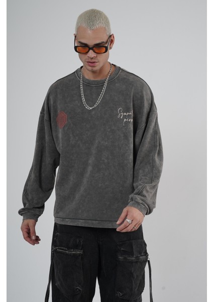 Bisiklet Yaka Ön ve Arka Basılı Yıkamalı Oversize Kalıp Unisex Sweatshirt