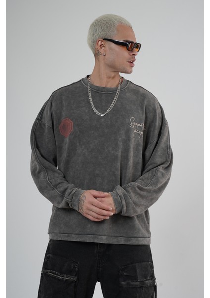 Bisiklet Yaka Ön ve Arka Basılı Yıkamalı Oversize Kalıp Unisex Sweatshirt