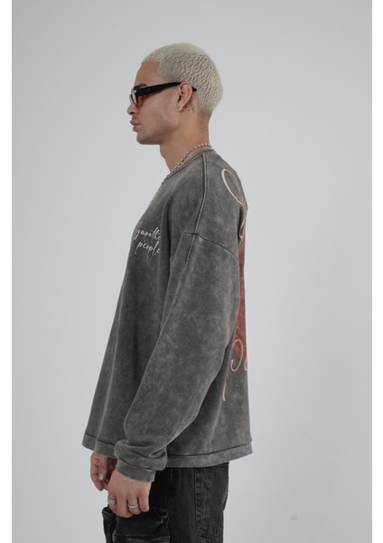 Bisiklet Yaka Ön ve Arka Basılı Yıkamalı Oversize Kalıp Unisex Sweatshirt