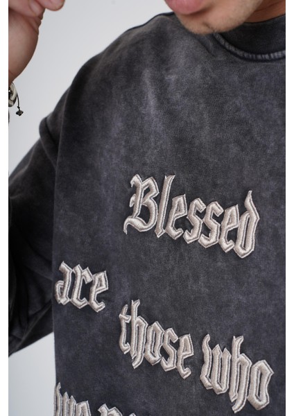Bisiklet Yaka Yazı Nakışlı Yıkamalı Oversize Kalıp Unisex Sweatshirt