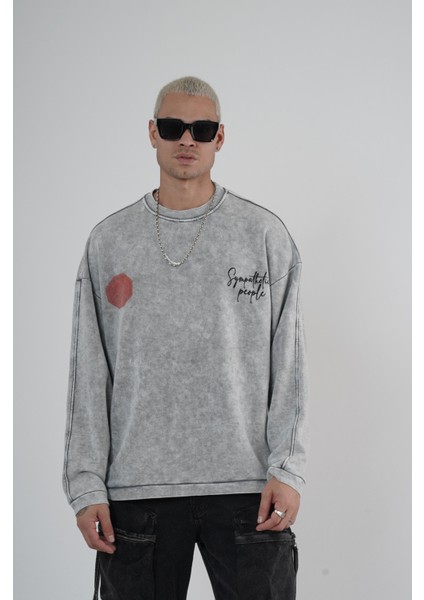 Bisiklet Yaka Ön ve Arka Basılı Yıkamalı Oversize Kalıp Unisex Sweatshirt