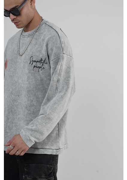 Bisiklet Yaka Ön ve Arka Basılı Yıkamalı Oversize Kalıp Unisex Sweatshirt