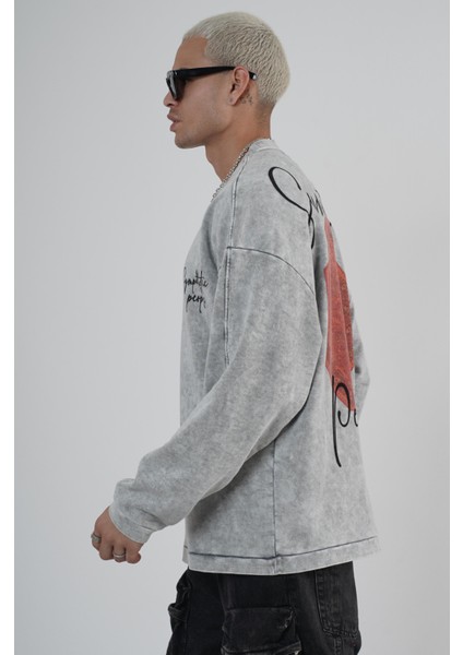 Bisiklet Yaka Ön ve Arka Basılı Yıkamalı Oversize Kalıp Unisex Sweatshirt