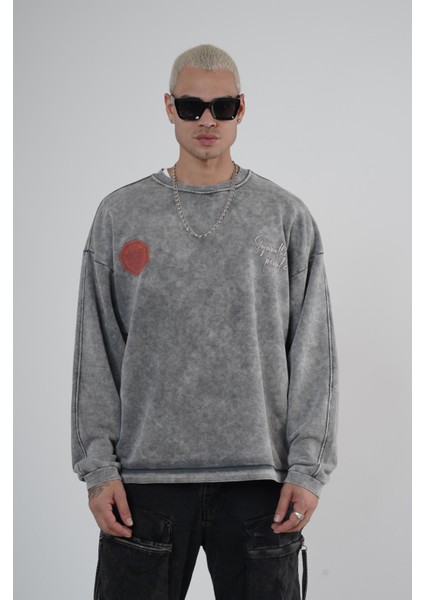 Bisiklet Yaka Ön ve Arka Basılı Yıkamalı Oversize Kalıp Unisex Sweatshirt