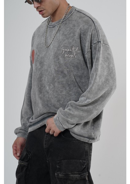 Bisiklet Yaka Ön ve Arka Basılı Yıkamalı Oversize Kalıp Unisex Sweatshirt