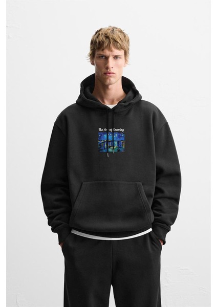 Kapuşonlu Starry Night Baskılı Oversize Kalıp Unisex Hoodie