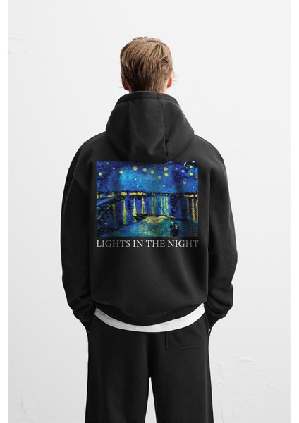 Kapuşonlu Starry Night Baskılı Oversize Kalıp Unisex Hoodie