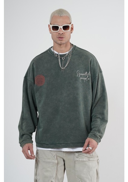 Bisiklet Yaka Ön ve Arka Basılı Yıkamalı Oversize Kalıp Unisex Sweatshirt