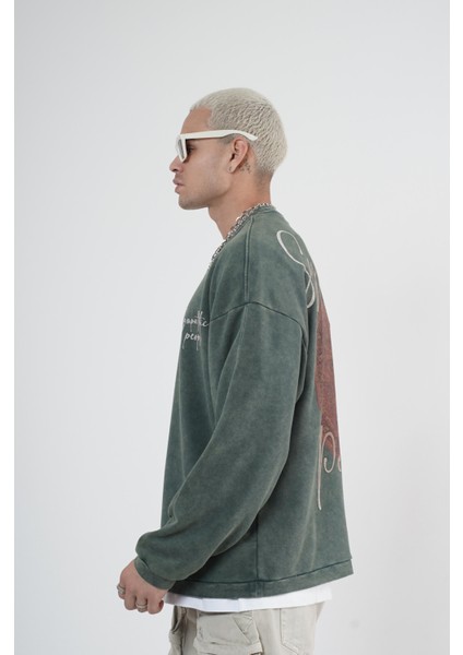 Bisiklet Yaka Ön ve Arka Basılı Yıkamalı Oversize Kalıp Unisex Sweatshirt