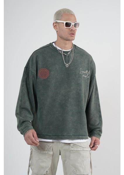 Bisiklet Yaka Ön ve Arka Basılı Yıkamalı Oversize Kalıp Unisex Sweatshirt